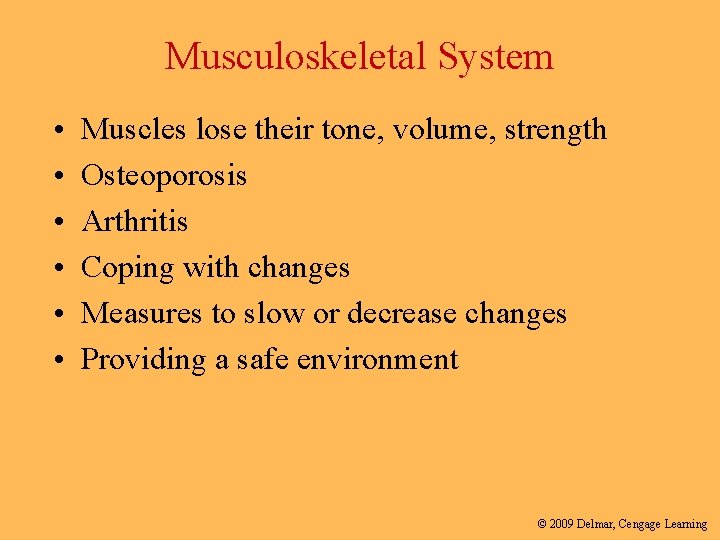 Musculoskeletal System • • • Muscles lose their tone, volume, strength Osteoporosis Arthritis Coping