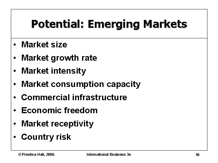 Potential: Emerging Markets • Market size • Market growth rate • Market intensity •