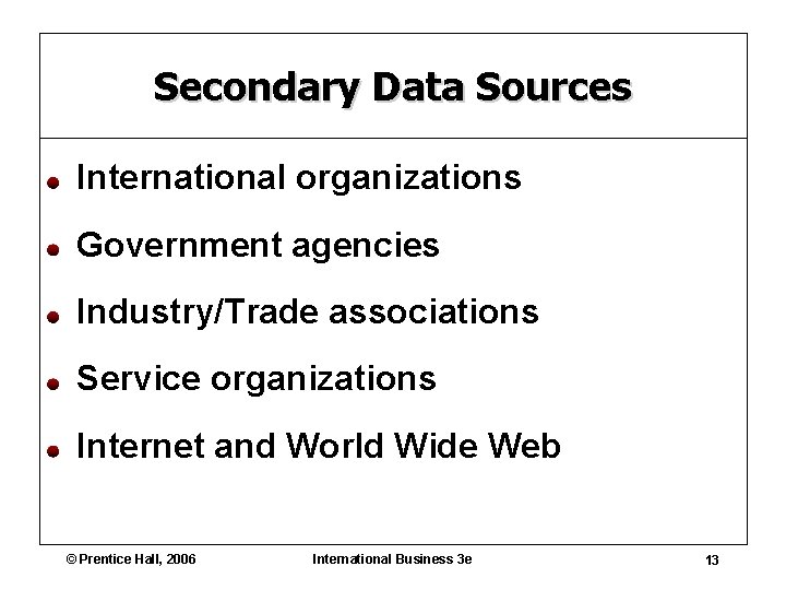 Secondary Data Sources International organizations Government agencies Industry/Trade associations Service organizations Internet and World
