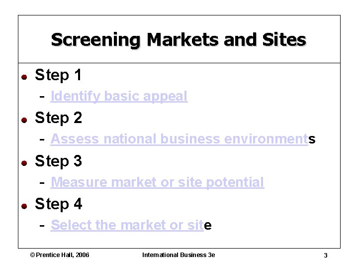 Screening Markets and Sites Step 1 - Identify basic appeal Step 2 - Assess