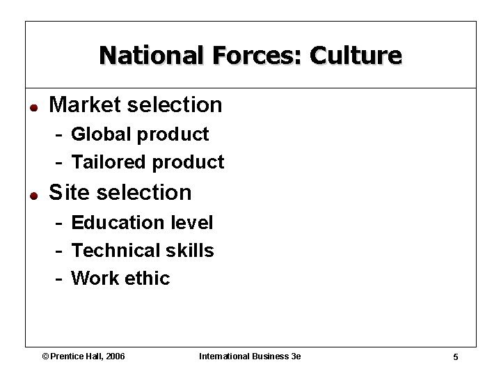 National Forces: Culture Market selection - Global product - Tailored product Site selection -