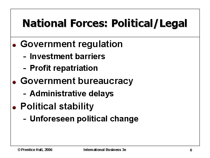 National Forces: Political/Legal Government regulation - Investment barriers - Profit repatriation Government bureaucracy -