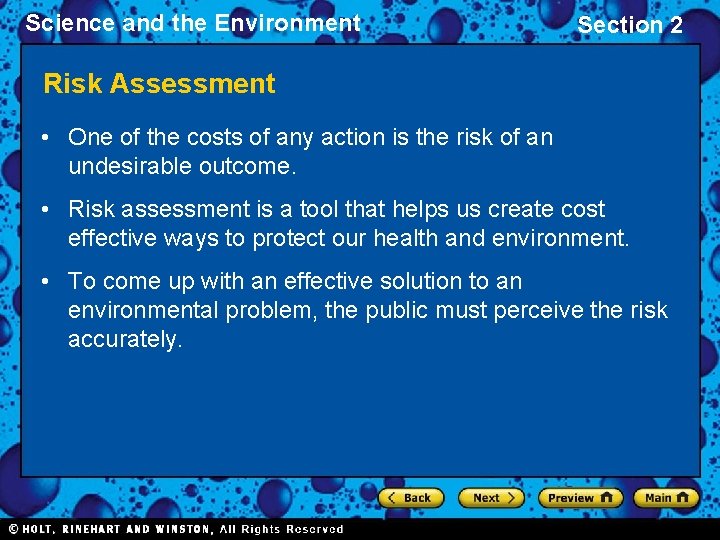 Science and the Environment Section 2 Risk Assessment • One of the costs of Science and the Environment Section 2 Risk Assessment • One of the costs of