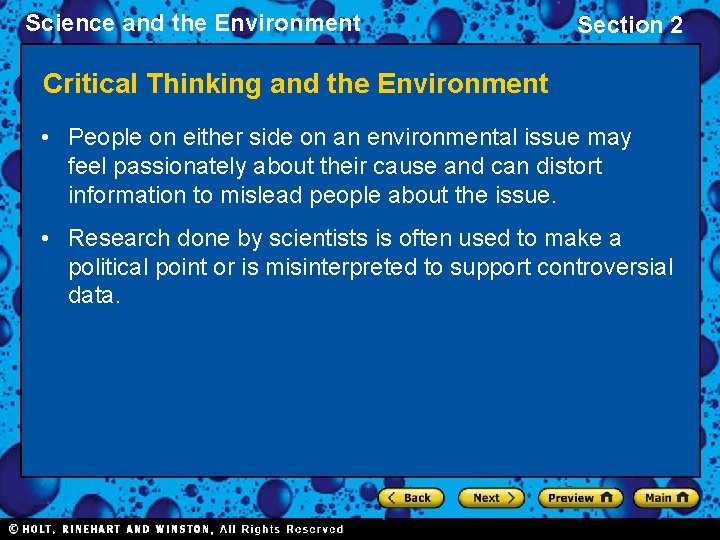 Science and the Environment Section 2 Critical Thinking and the Environment • People on Science and the Environment Section 2 Critical Thinking and the Environment • People on