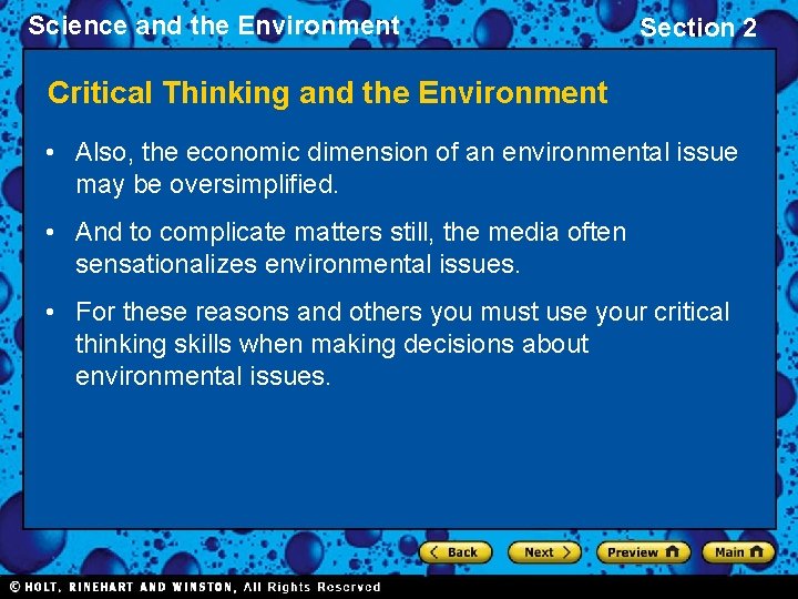 Science and the Environment Section 2 Critical Thinking and the Environment • Also, the Science and the Environment Section 2 Critical Thinking and the Environment • Also, the