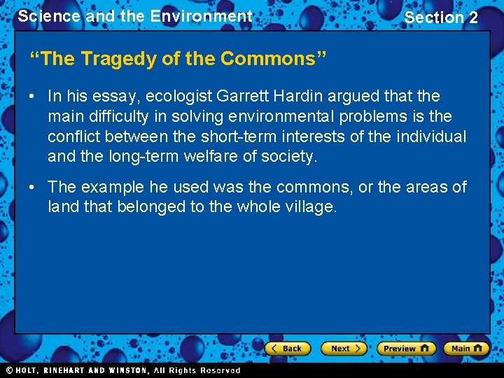 Science and the Environment Section 2 “The Tragedy of the Commons” • In his Science and the Environment Section 2 “The Tragedy of the Commons” • In his