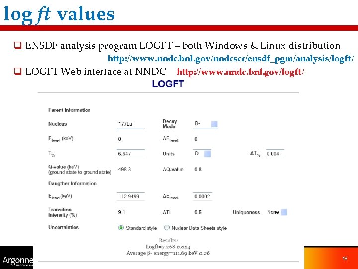 log ft values q ENSDF analysis program LOGFT – both Windows & Linux distribution