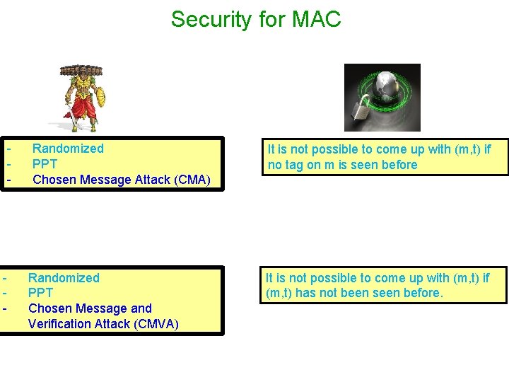 Security for MAC - - Randomized PPT Chosen Message Attack (CMA) Randomized PPT Chosen