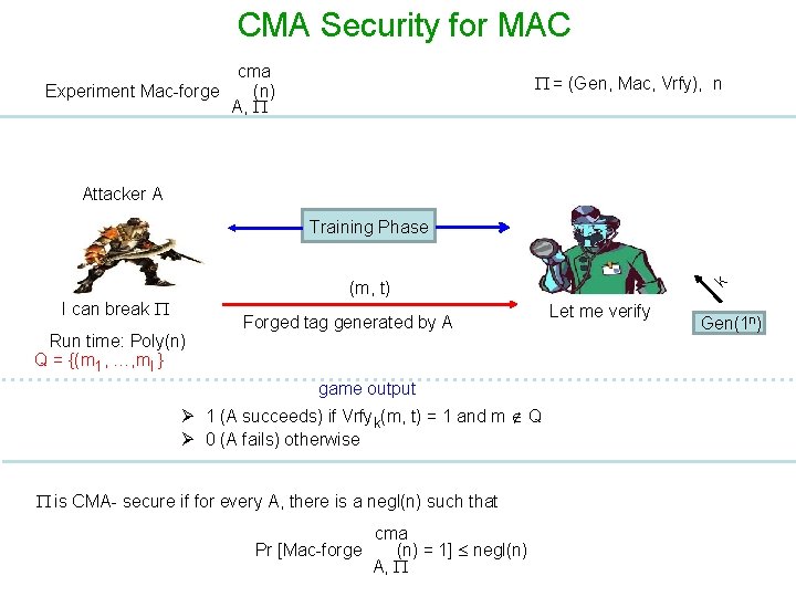 CMA Security for MAC cma Experiment Mac-forge (n) A, = (Gen, Mac, Vrfy), n