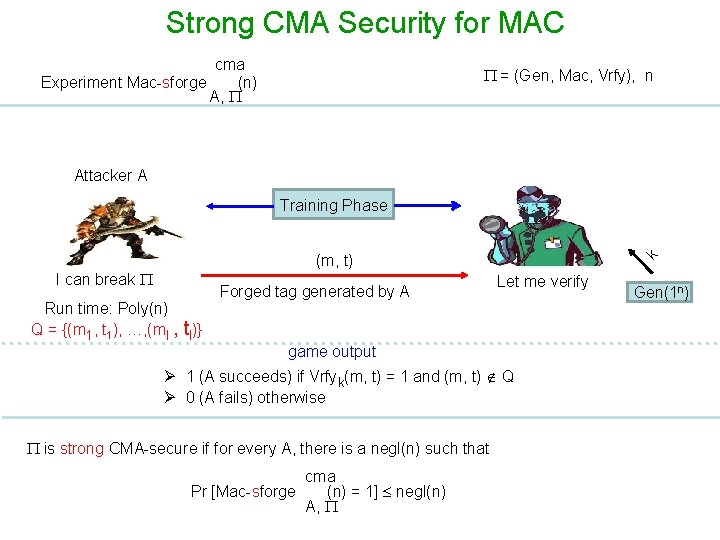 Strong CMA Security for MAC cma Experiment Mac-sforge (n) A, = (Gen, Mac, Vrfy),