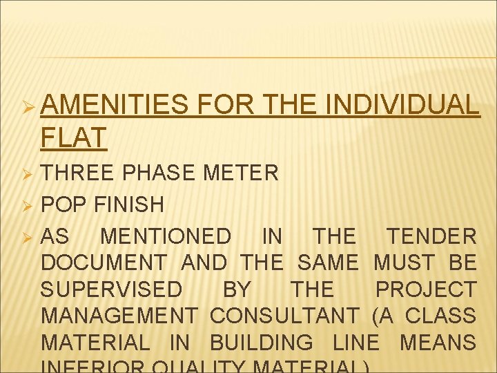 Ø AMENITIES FOR THE INDIVIDUAL FLAT THREE PHASE METER Ø POP FINISH Ø AS