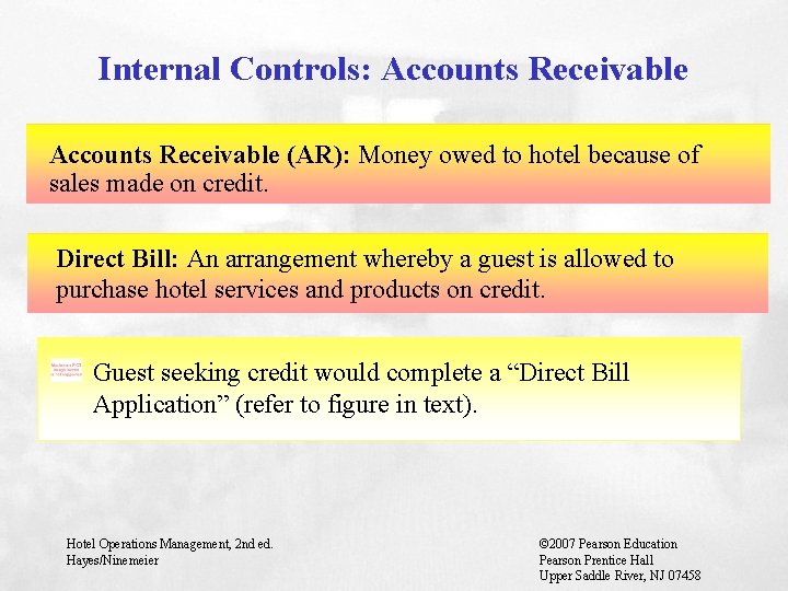 Internal Controls: Accounts Receivable (AR): Money owed to hotel because of sales made on