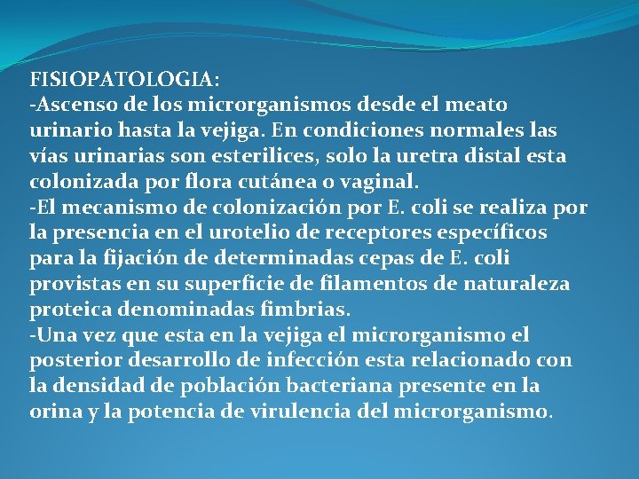 FISIOPATOLOGIA: -Ascenso de los microrganismos desde el meato urinario hasta la vejiga. En condiciones