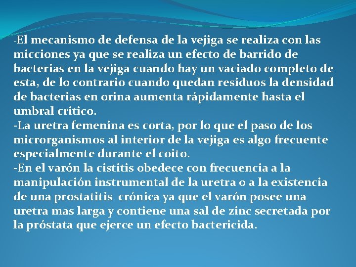 -El mecanismo de defensa de la vejiga se realiza con las micciones ya que