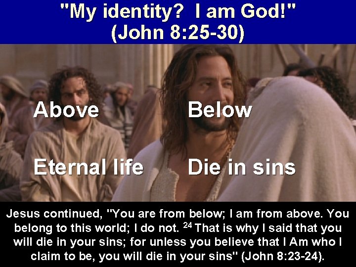 "My identity? I am God!" (John 8: 25 -30) Above Below Eternal life Die