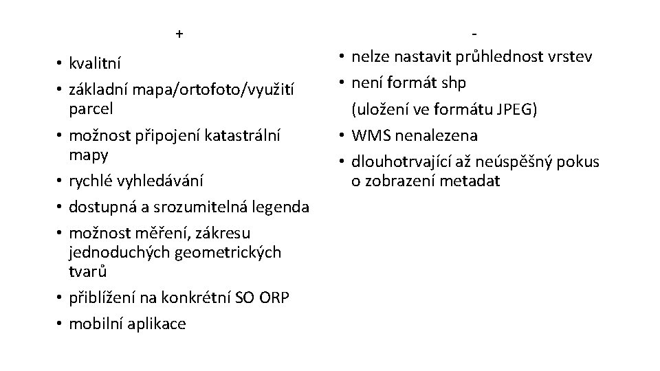 + - • kvalitní • základní mapa/ortofoto/využití parcel • možnost připojení katastrální mapy •