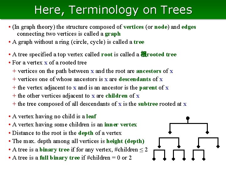 Here, Terminology on Trees • (In graph theory) the structure composed of vertices (or