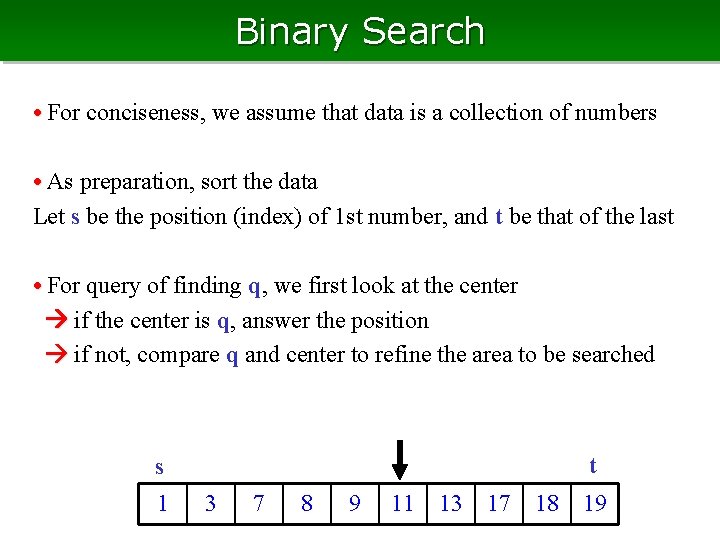 Binary Search • For conciseness, we assume that data is a collection of numbers