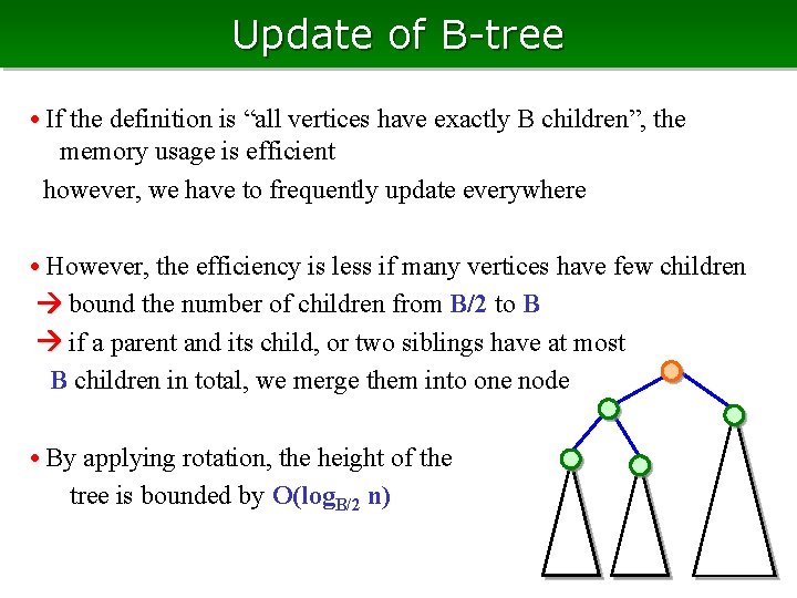 Update of B-tree • If the definition is “all vertices have exactly B children”,