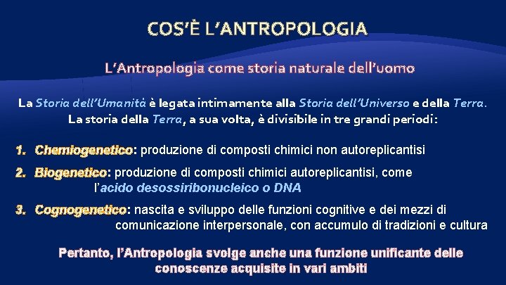 COS’È L’ANTROPOLOGIA L’Antropologia come storia naturale dell’uomo La Storia dell’Umanità è legata intimamente alla