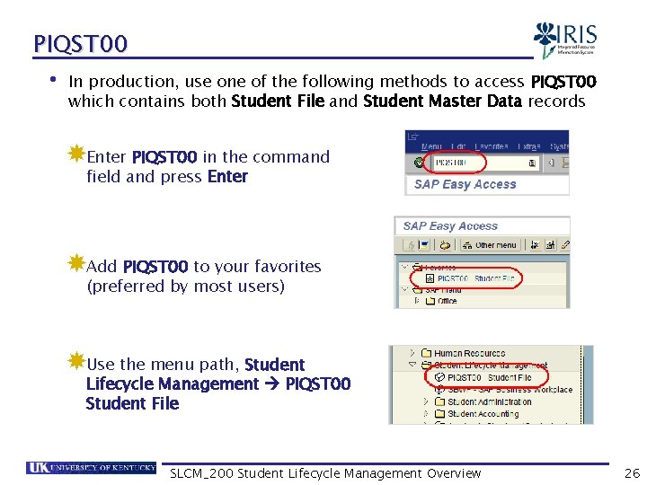 PIQST 00 • In production, use one of the following methods to access PIQST