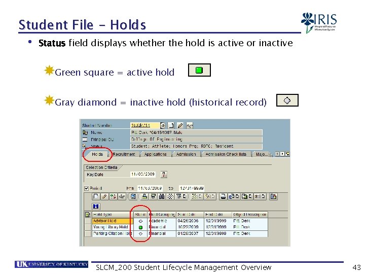 Student File - Holds • Status field displays whether the hold is active or