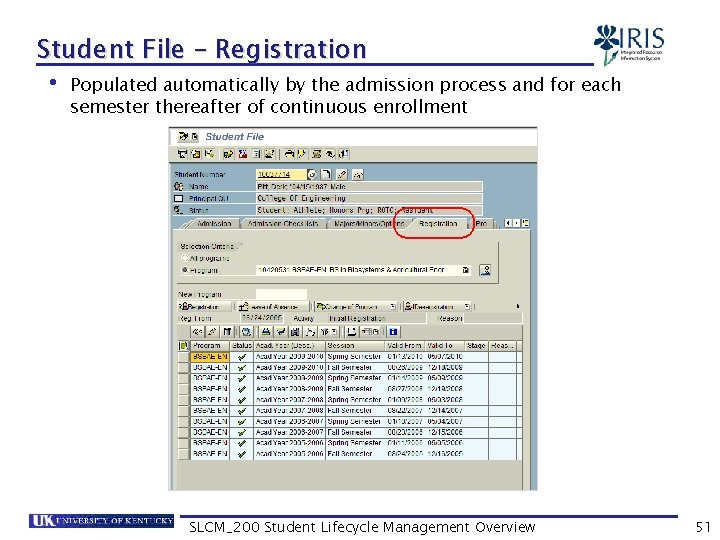 Student File – Registration • Populated automatically by the admission process and for each