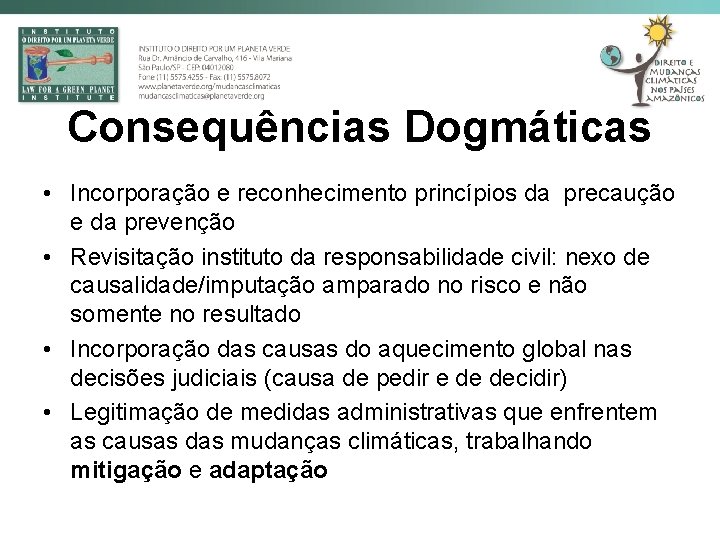 Consequências Dogmáticas • Incorporação e reconhecimento princípios da precaução e da prevenção • Revisitação