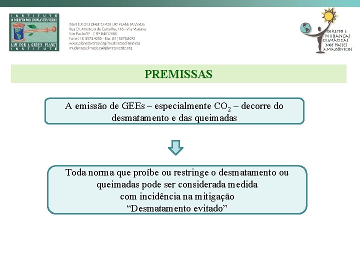 PREMISSAS A emissão de GEEs – especialmente CO 2 – decorre do desmatamento e