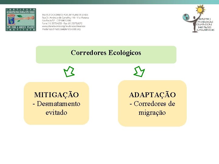 Corredores Ecológicos MITIGAÇÃO - Desmatamento evitado ADAPTAÇÃO - Corredores de migração 