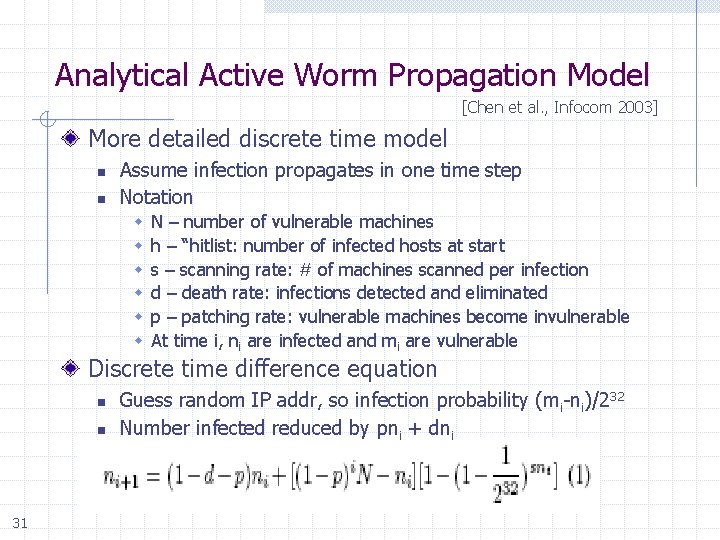 Analytical Active Worm Propagation Model [Chen et al. , Infocom 2003] More detailed discrete