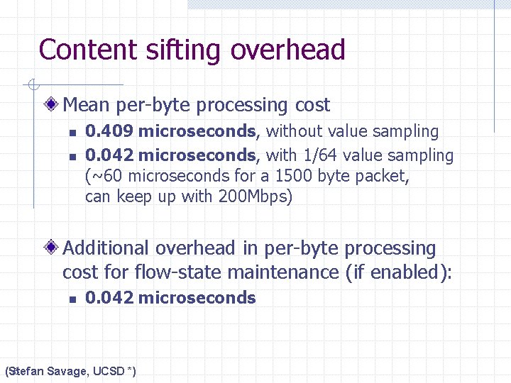 Content sifting overhead Mean per-byte processing cost n n 0. 409 microseconds, without value