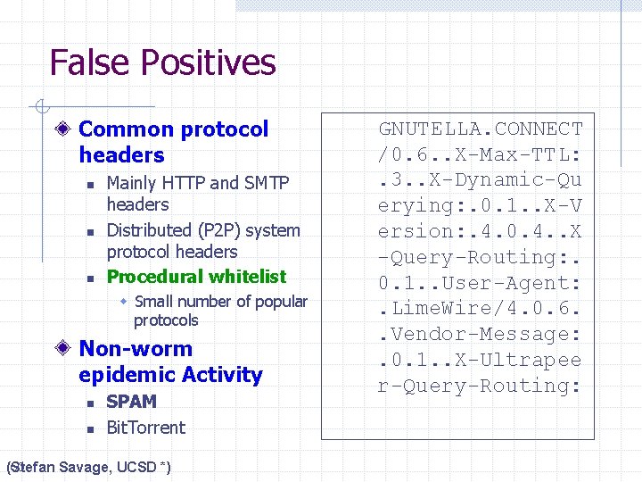 False Positives Common protocol headers GNUTELLA. CONNECT /0. 6. . X-Max-TTL: . 3. .