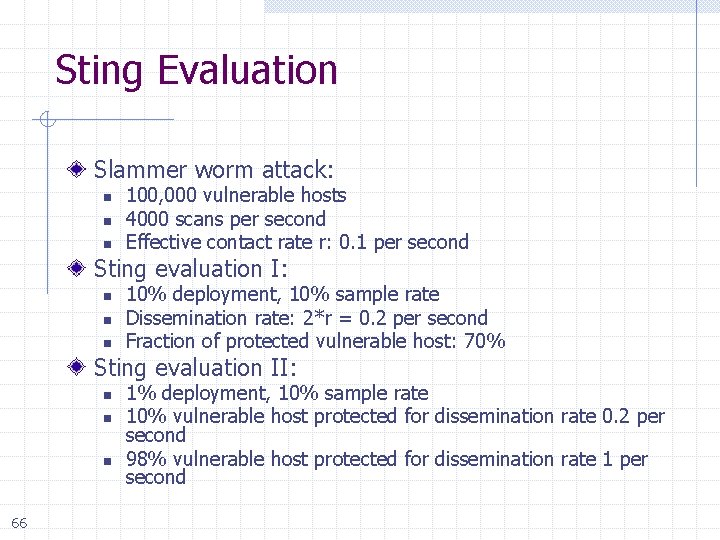 Sting Evaluation Slammer worm attack: n n n 100, 000 vulnerable hosts 4000 scans