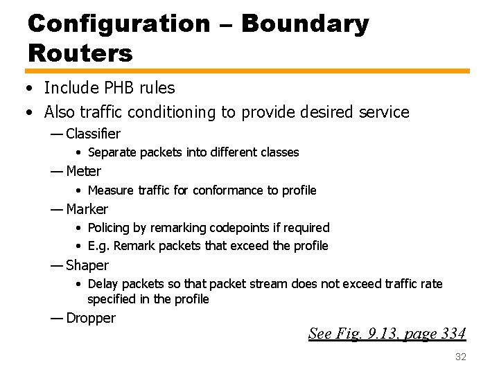 Configuration – Boundary Routers • Include PHB rules • Also traffic conditioning to provide