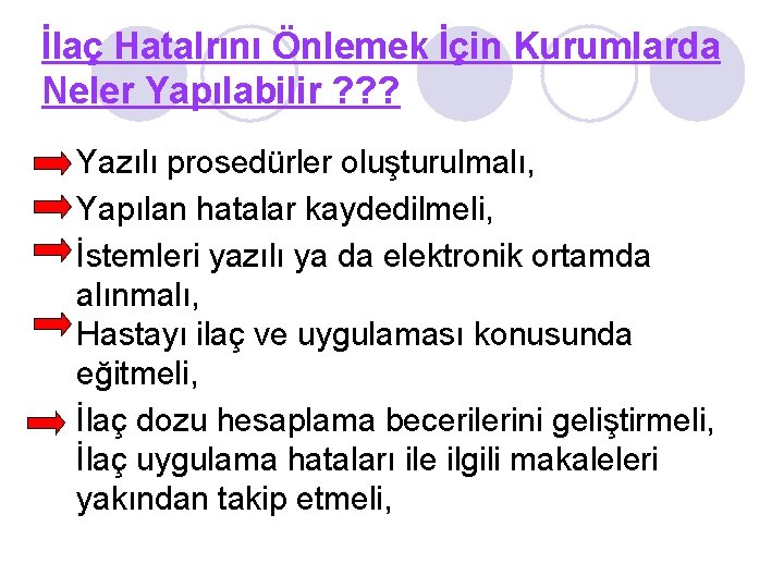 İlaç Hatalrını Önlemek İçin Kurumlarda Neler Yapılabilir ? ? ? Yazılı prosedürler oluşturulmalı, Yapılan