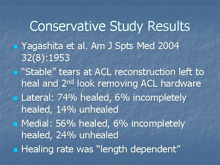 Conservative Study Results n n n Yagashita et al. Am J Spts Med 2004 Conservative Study Results n n n Yagashita et al. Am J Spts Med 2004