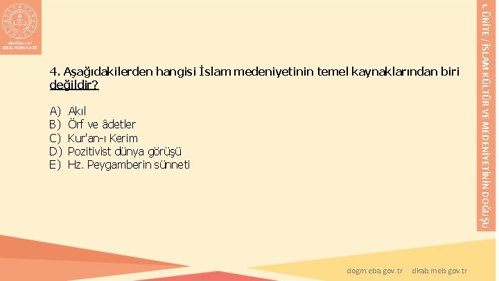 A) B) C) D) E) Akıl Örf ve âdetler Kur'an-ı Kerim Pozitivist dünya görüşü A) B) C) D) E) Akıl Örf ve âdetler Kur'an-ı Kerim Pozitivist dünya görüşü