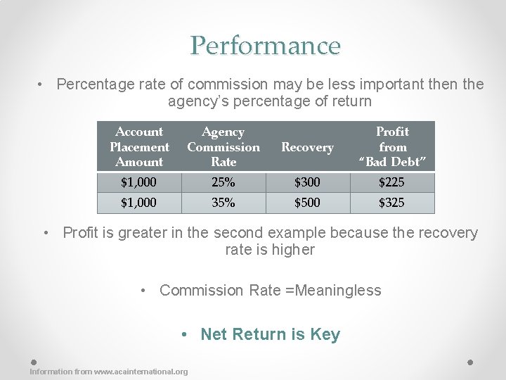 Performance • Percentage rate of commission may be less important then the agency’s percentage