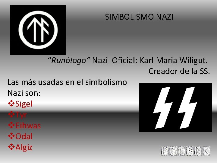  SIMBOLISMO NAZI “Runólogo” Nazi Oficial: Karl Maria Wiligut. Creador de la SS. Las