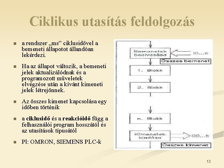 Ciklikus utasítás feldolgozás n a rendszer „ms” ciklusidővel a bemeneti állapotot állandóan lekérdezi. n
