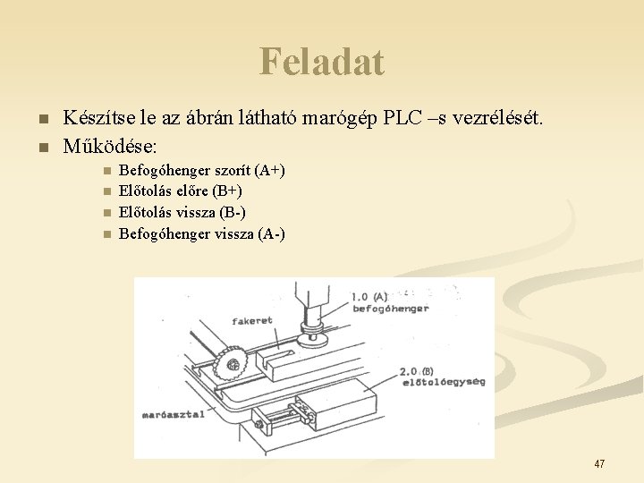 Feladat n n Készítse le az ábrán látható marógép PLC –s vezrélését. Működése: n
