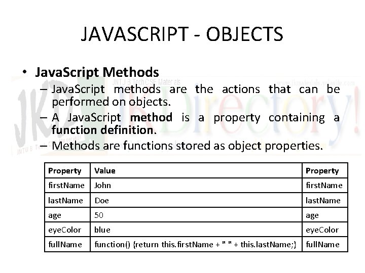 JAVASCRIPT - OBJECTS • Java. Script Methods – Java. Script methods are the actions