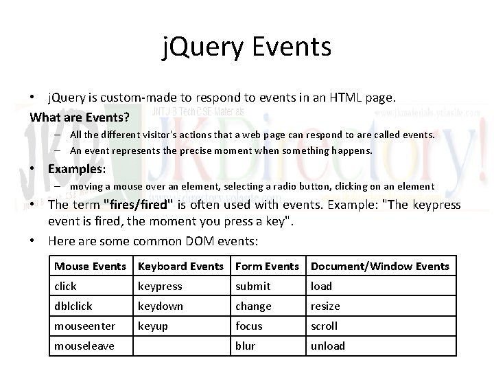 j. Query Events • j. Query is custom-made to respond to events in an