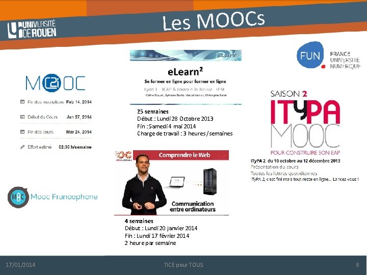 Les MOOCs 25 semaines Début : Lundi 28 Octobre 2013 Fin : Samedi 4