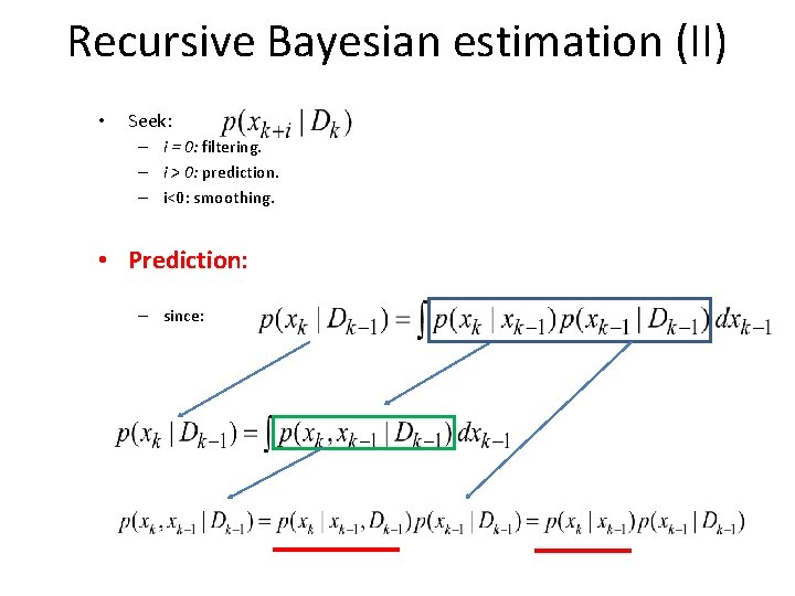 Recursive Bayesian estimation (II) • Seek: – i = 0: filtering. – i >