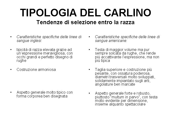 TIPOLOGIA DEL CARLINO Tendenze di selezione entro la razza • Caratteristiche specifiche delle linee