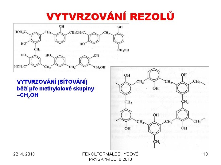 VYTVRZOVÁNÍ REZOLŮ VYTVRZOVÁNÍ (SÍŤOVÁNÍ) běží pře methylolové skupiny –CH 2 OH 22. 4. 2013