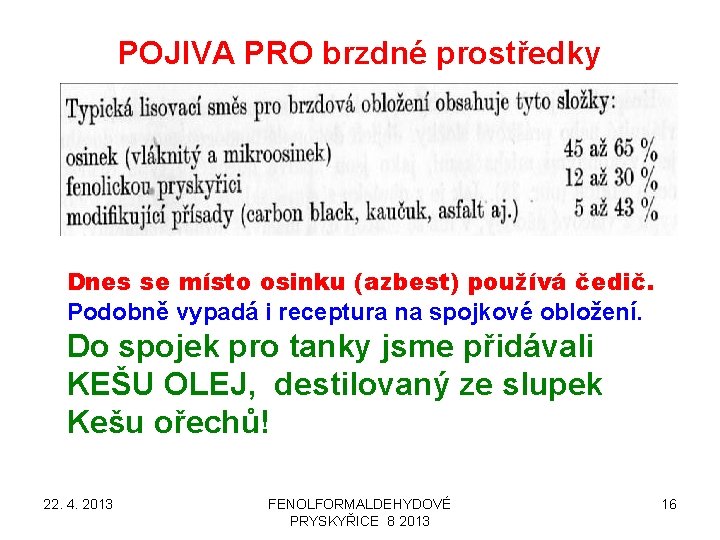 POJIVA PRO brzdné prostředky Dnes se místo osinku (azbest) používá čedič. Podobně vypadá i