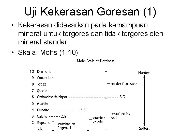 Uji Kekerasan Goresan (1) • Kekerasan didasarkan pada kemampuan mineral untuk tergores dan tidak Uji Kekerasan Goresan (1) • Kekerasan didasarkan pada kemampuan mineral untuk tergores dan tidak